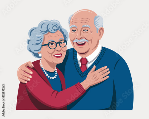 Happy elderly couple hugging, senior love and affection, vector illustration