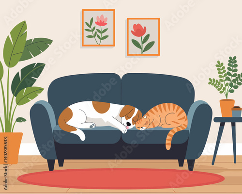 Cozy Indoor Scene: Sleeping Dog and Cat on Sofa with Plant Decor