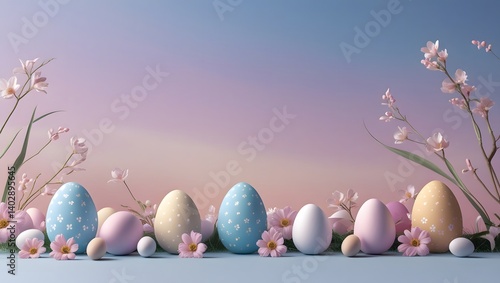 Pastel daybreak appealing Easter 3d background image with copyspace, vibrant pastel eggs, festive spring motifs, and subtle textures for versatile creative projects