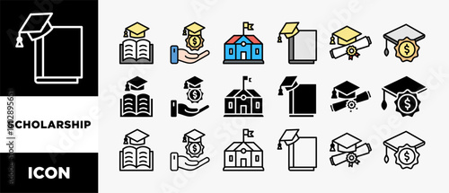 	
SCHOLARSHIP icon set with various styles and colors  education cost, student loan, university, education, diploma, scholarship,