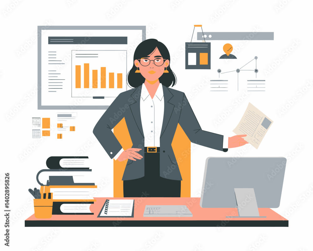 Professional woman at office desk reviewing company data and financial reports Professional woman at office desk reviewing company data and financial reports