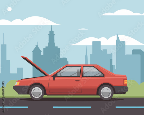Red Car Breakdown on City Road with Open Hood, Automotive Troubles