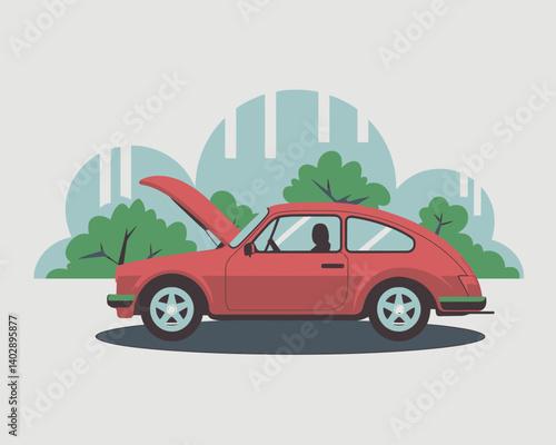 Vintage Red Car Breakdown with Open Hood and City Background Illustration