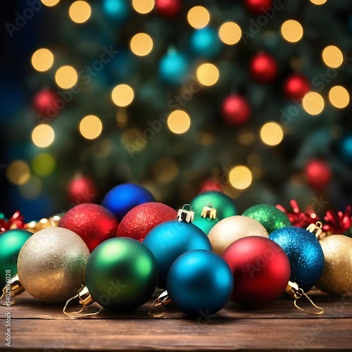 Christmas Ornaments on Wooden Table with Bokeh Lights