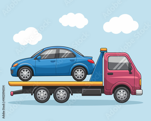 Cartoon Tow Truck with Car, Assistance, and Clouds on Blue Sky Background