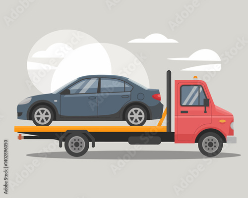 Car tow truck service, sedan vehicle loaded for transport, roadside assistance vector