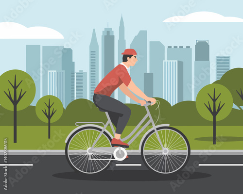 City Cycling: Man riding a bicycle in the park with a cityscape background