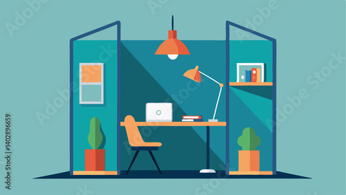 A study cubicle with a private desk and a soft partition for privacy equipped with a lamp and a laptop.