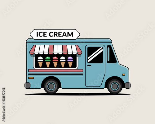 Retro Ice Cream Truck Illustration with Colorful Cones, Summer Treat Vector