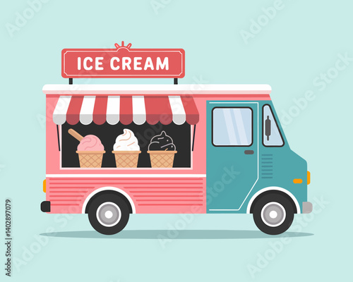 Vintage Ice Cream Truck with Strawberry, Vanilla, Chocolate Flavors
