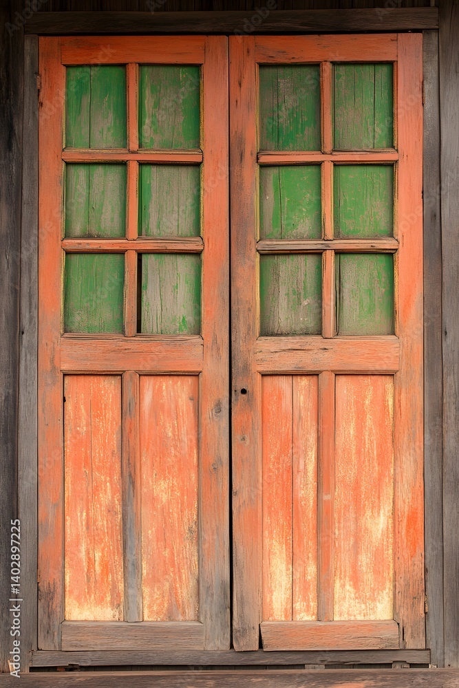 Rustic Weathered Wooden Double Doors with Green Glass Panes Rustic Weathered Wooden Double Doors with Green Glass Panes