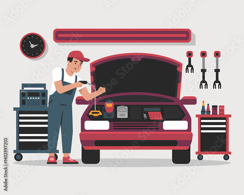 Car mechanic checking the engine oil level in auto repair shop, vector illustration