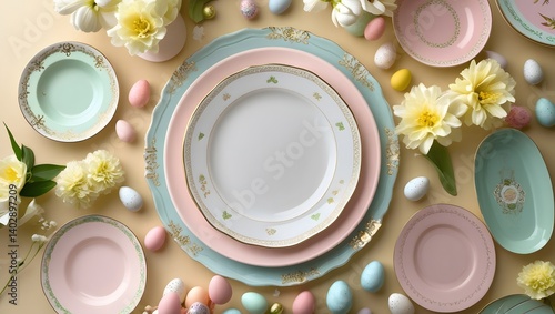 Pastel daybreak appealing Easter 3d background image with copyspace, vibrant pastel eggs, festive spring motifs, and subtle textures for versatile creative projects