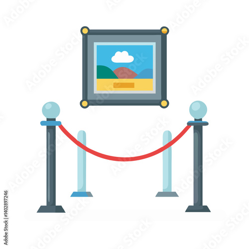 Rope Barrier with Framed Art Icon Representing Art Exhibition and Gallery Display