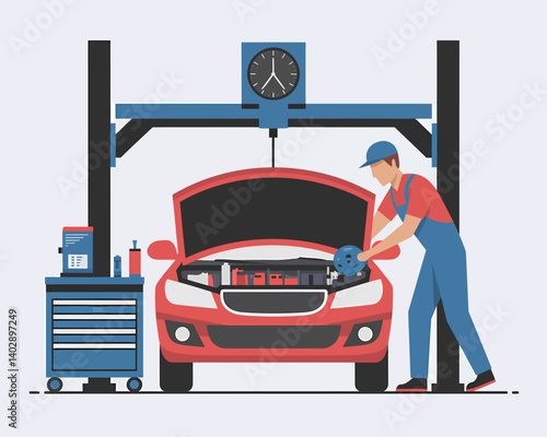 Car mechanic repairing vehicle in garage with tools and diagnostic equipment