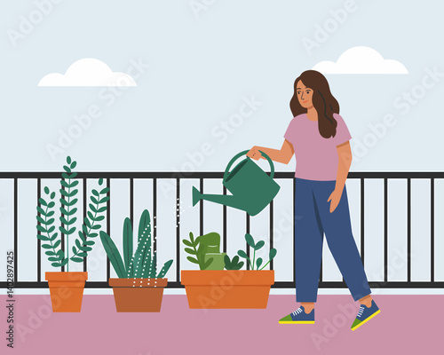 Balcony Garden Care: Woman Watering Potted Plants, Urban Gardening