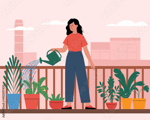 Woman Watering Plants on Balcony Garden with Watering Can - Urban Gardening