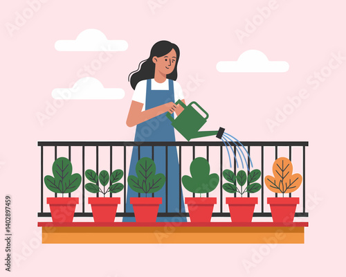 Woman Watering Plants on Balcony - Urban Gardening, Potted Plants, Home Garden