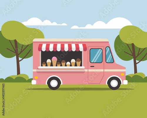 Pink Ice Cream Truck in Park, Summer Treats, Cartoon Food Vendor
