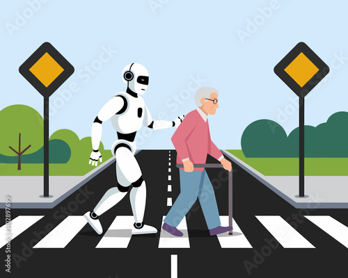 Robot Assisting Senior Crossing Street: AI, Elderly Care, Future Technology