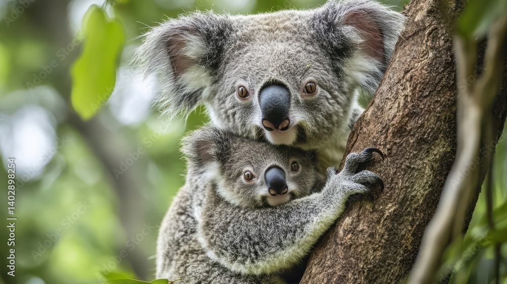 Naklejka premium A koala mother and joey cuddled together in a tree.