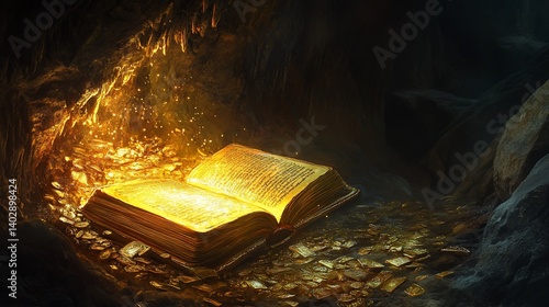 Mystical book glowing with golden light amidst cave treasures and dark rocks