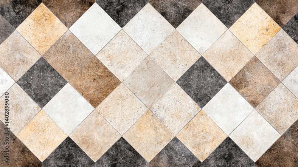 A tile floor with a diamond pattern in various shades of brown, beige, and gray. A tile floor with a diamond pattern in various shades of brown, beige, and gray.