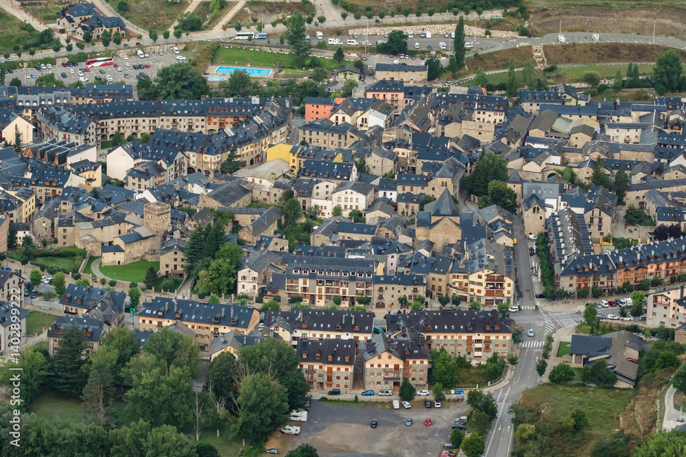 Aerial view of the town of Benasque, Huesca, in the Aragon region of Spain