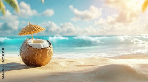 Wallpaper Mural Vibrant tropical coconut drink on sandy beach photorealistic art Torontodigital.ca