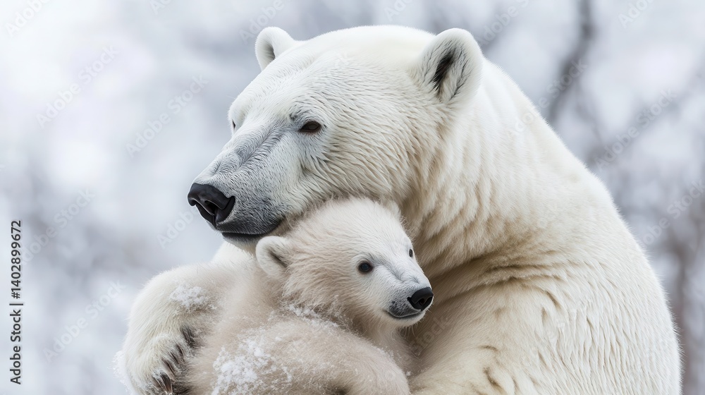 A mother polar bear lovingly embraces her cub in a snowy landscape.
