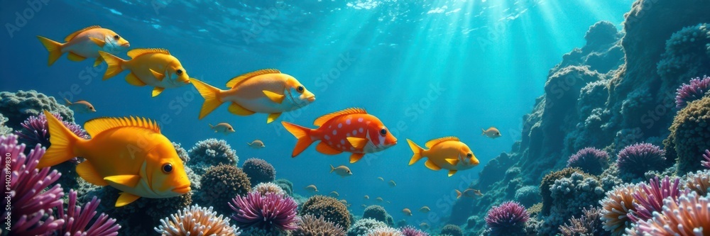 Naklejka premium school of colorful fish swim together in the ocean waters, marine life, fish