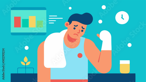 Sweat Analysis An athlete in a gym using a towel to wipe sweat off their forehead while a digital screen shows a colorcoded analysis of their sweat composition.