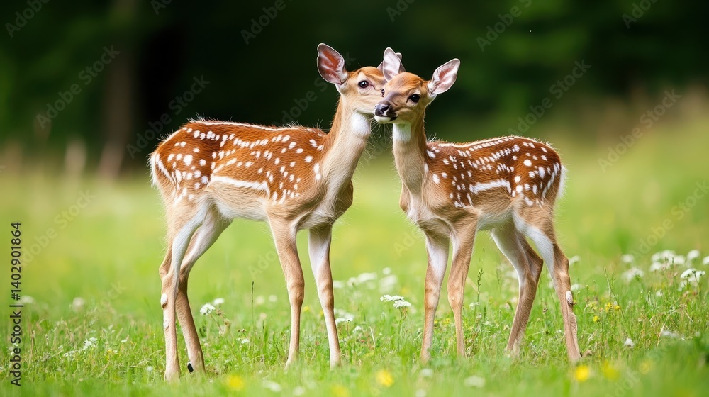 Two adorable spotted deer fawns graze in a grassy meadow. Two adorable spotted deer fawns graze in a grassy meadow.