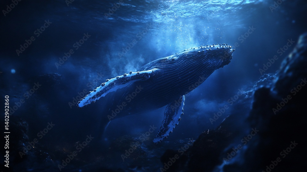 Fototapeta premium Majestic Humpback Whale Glides Through the Deep Blue Ocean Depths