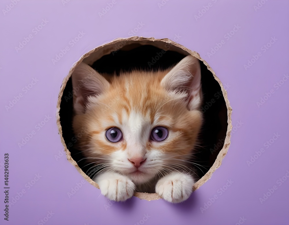 Naklejka premium Curious Kitten Peeking Through Hole in Purple Background