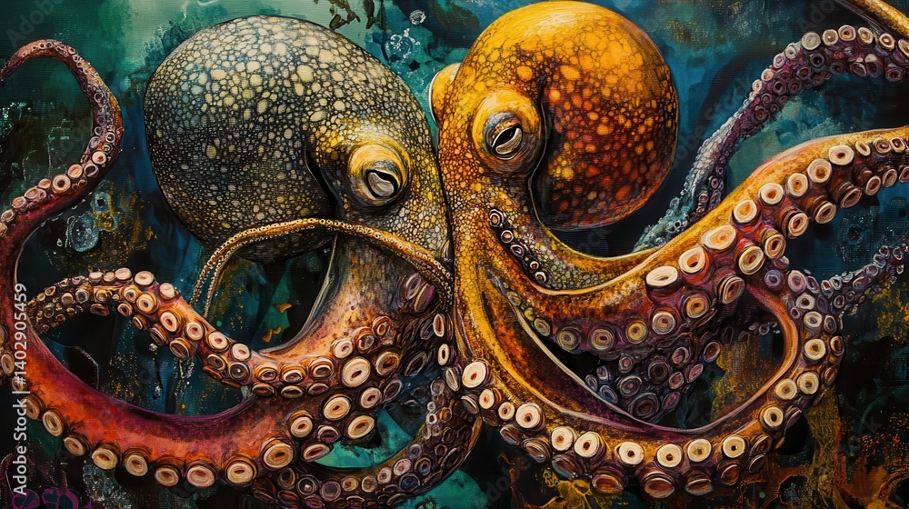 custom made wallpaper toronto digitalA captivating portrayal of two octopuses intertwined in a vibrant underwater scene.