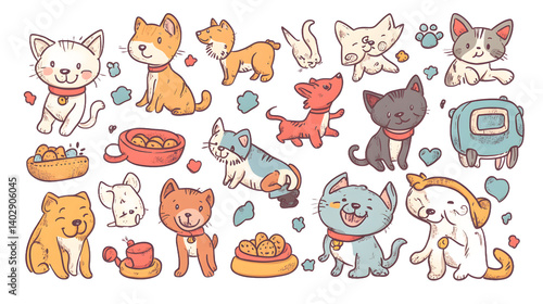 A vibrant collection of playful cartoon cats and dogs, showcasing their adorable personalities and charming antics.