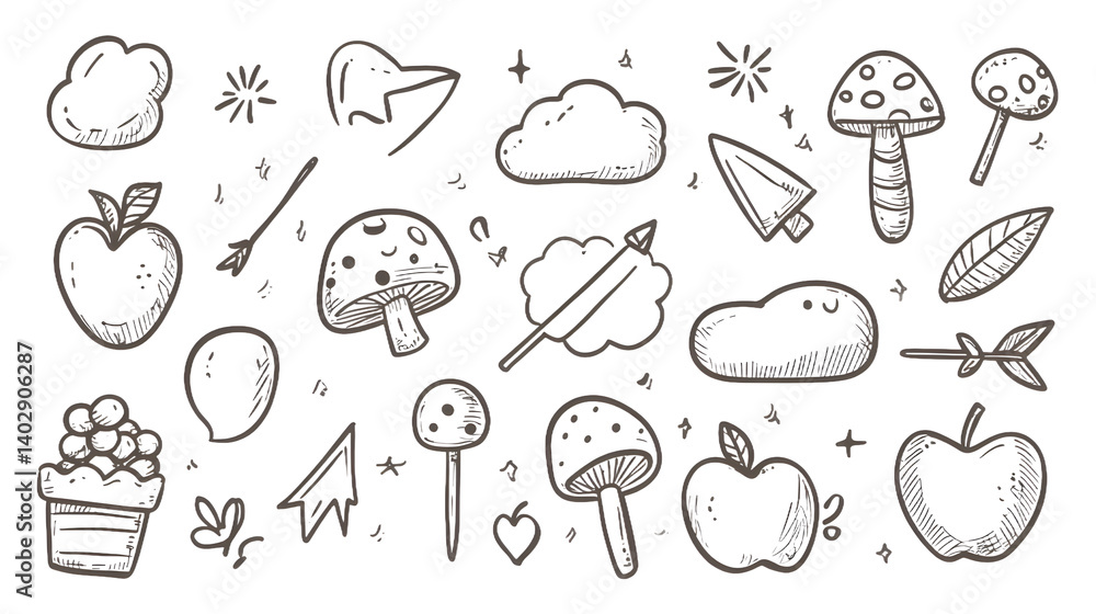 A whimsical collection of doodles featuring apples, clouds, mushrooms, and arrows, perfect for creative projects. A whimsical collection of doodles featuring apples, clouds, mushrooms, and arrows, perfect for creative projects.