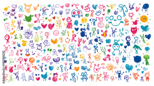 A vibrant collage of colorful cartoon characters and playful icons, perfect for children's themes and creative projects.