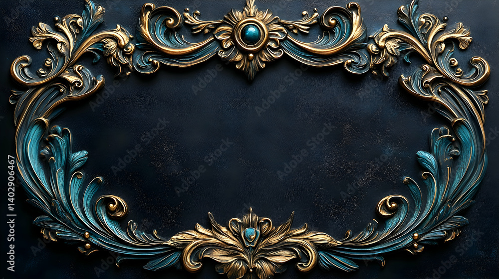 Ornate gold and teal decorative frame with gemstone accents. Ornate gold and teal decorative frame with gemstone accents.
