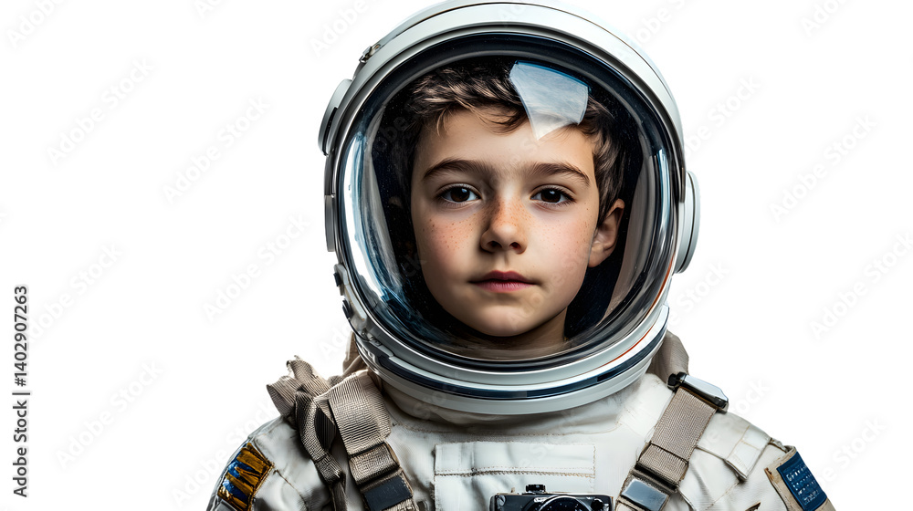 Young Astronaut Captivatingly Gazes into Camera on White Background Young Astronaut Captivatingly Gazes into Camera on White Background