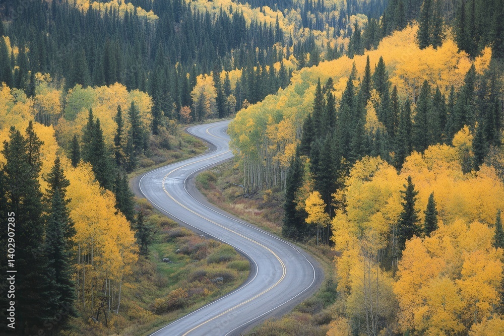 Winding road through a forest during the vibrant autumn season