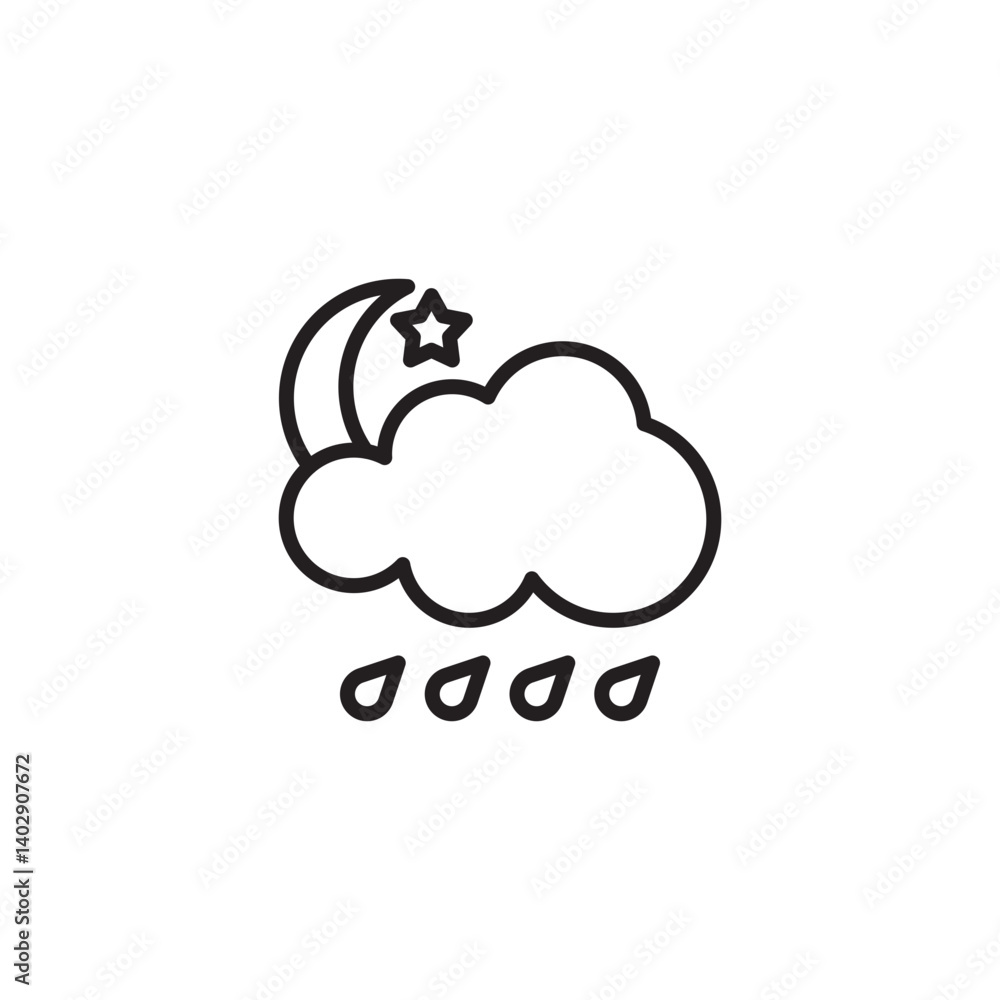 A simple line art illustration depicting a cloudy night with rain. A crescent moon and a star are visible above a cloud with raindrops falling below. A simple line art illustration depicting a cloudy night with rain. A crescent moon and a star are visible above a cloud with raindrops falling below.