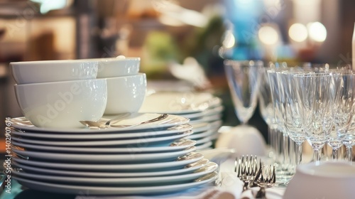 Sparkling dishware freshly washed and stacked, clean silverware and spotless glassware visible