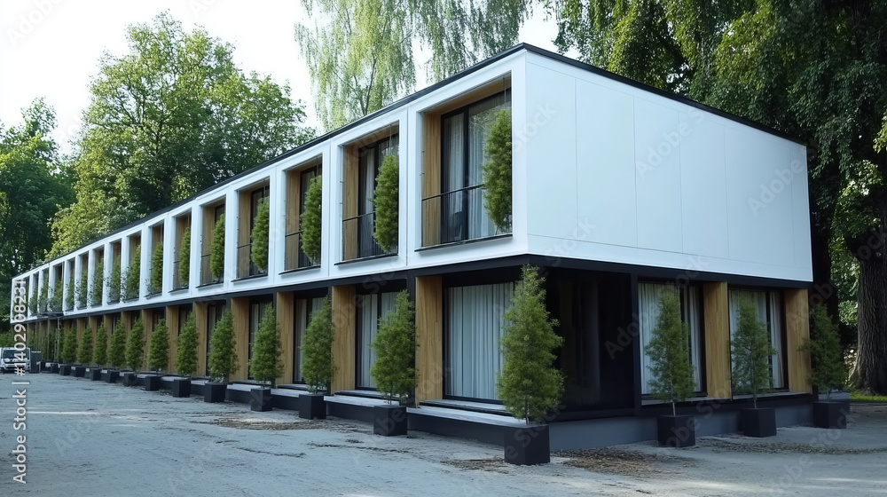 Modern White Hotel Building with Green Trees and Black Roof, 3D Render on White Background Modern White Hotel Building with Green Trees and Black Roof, 3D Render on White Background
