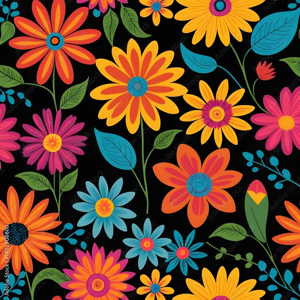 custom made wallpaper toronto digitalVibrant Floral Pattern, Colorful Flowers on Black Background