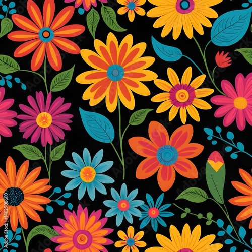 Wallpaper Mural Vibrant Floral Pattern, Colorful Flowers on Black Background Torontodigital.ca