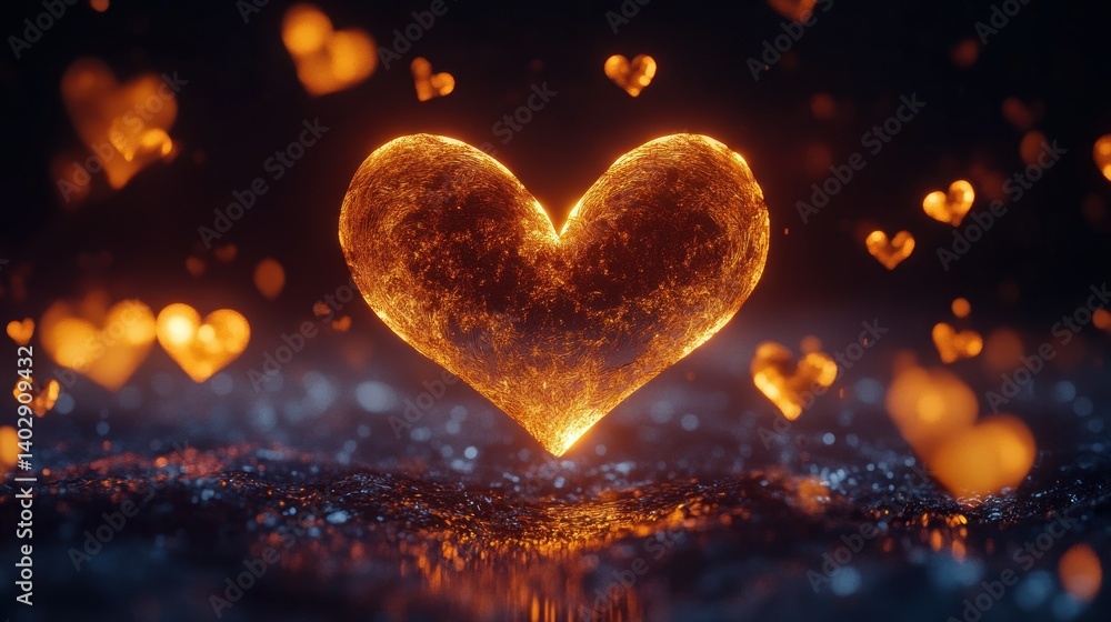 Glowing heart surrounded by multiple blurred hearts floating in space Glowing heart surrounded by multiple blurred hearts floating in space