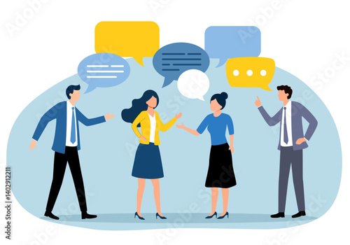 Business Discussion Concept. Businesspeople talking to each other with bubbles over their heads in flat design.