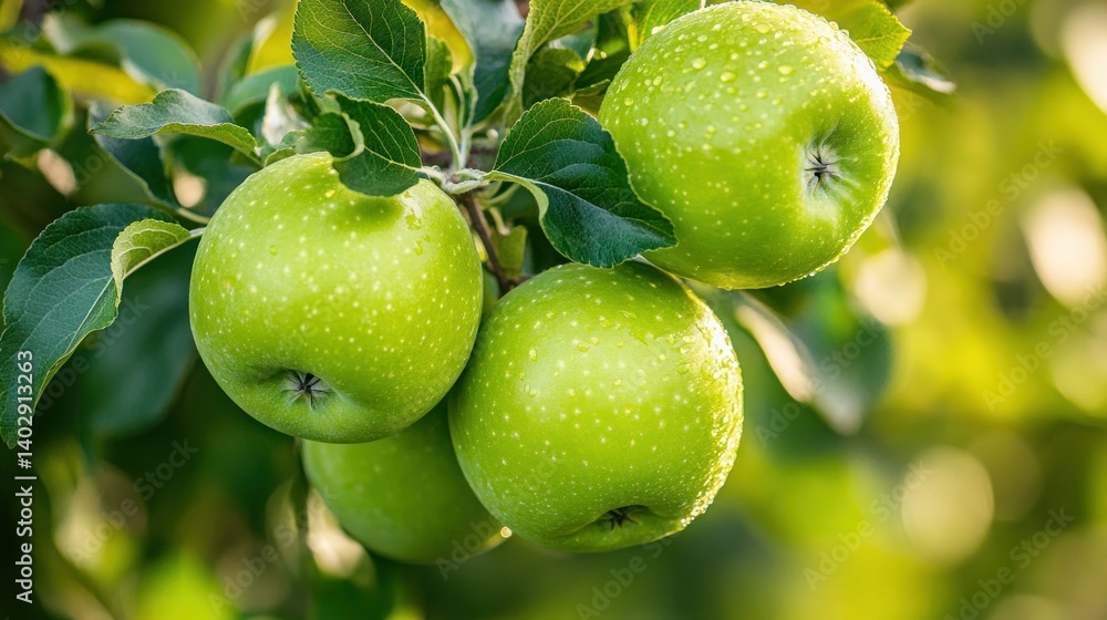 Green apples growing on a tree branch with leaves Green apples growing on a tree branch with leaves